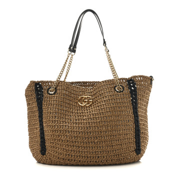 GUCCI Raffia Effect Large GG Marmont Shoulder Tote Bag Natural Black
