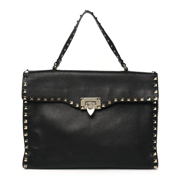 VALENTINO GARAVANI Pebbled Calfskin Rockstud Flip Lock Top Handle Bag Black