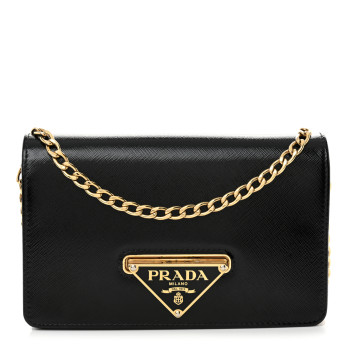 PRADA Saffiano Vernice Metal Triangle Chain Crossbody Bag Black