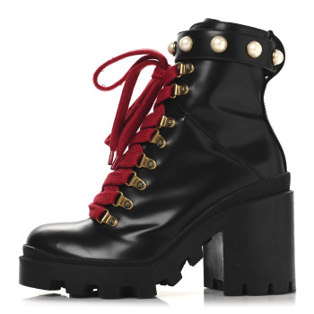 GUCCI Magnum Calfskin Pearl Lace Up Combat Ankle Boots 36.5 Black