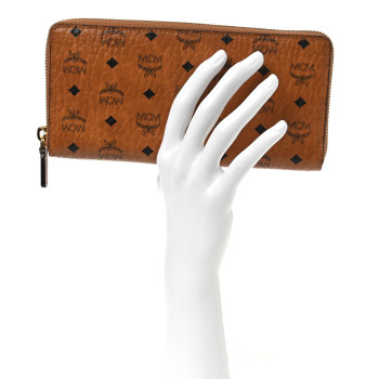 MCM Visetos Large Zip Around Wallet Cognac