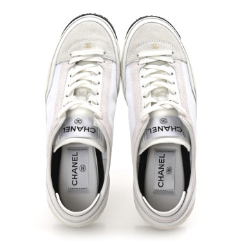 CHANEL Suede Calfskin Fabric CC Sneakers 36 Light Pink White