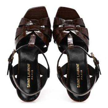 SAINT LAURENT Calfskin Crocodile Embossed Tribute 105 Sandals 36.5 Moro
