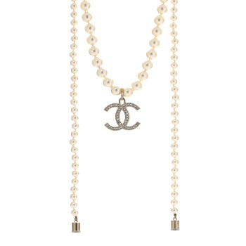 CHANEL Pearl Crystal CC Airpods Necklace Gold