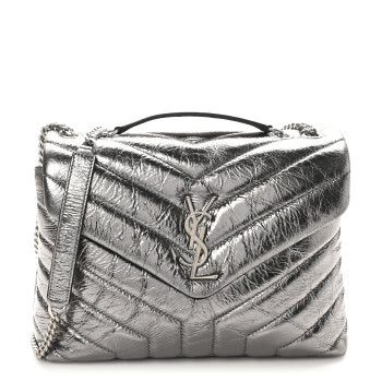 SAINT LAURENT Metallic Calfskin Y Quilted Monogram Small Loulou Chain Satchel Acciaio