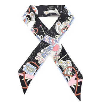 HERMES Silk Odyssey Twilly Black Bleu Ciel Rose