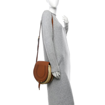 CHLOE Raffia Calfskin Marcie Basket Small Marcie Round Crossbody Bag Tan