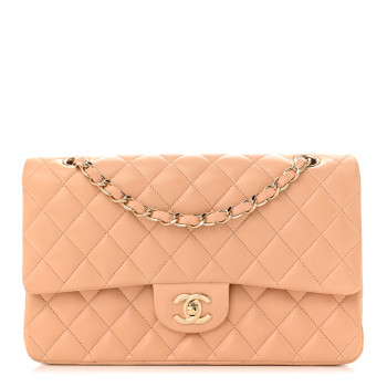CHANEL Lambskin Quilted Medium Double Flap Beige