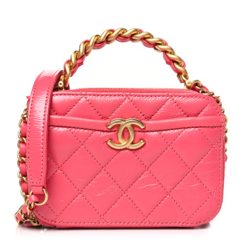 CHANEL Crumpled Calfskin Quilted Mini Get Round Top Handle Vanity Case Pink