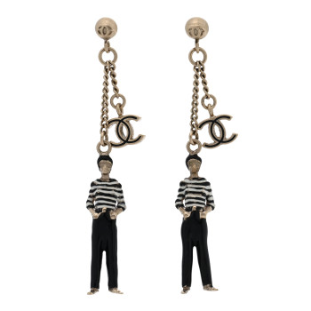 CHANEL Crystal Enamel CC Doll Drop Earrings White Black Gold