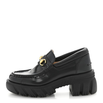 GUCCI Cordovan Lux Womens Horsebit 45mm Platform Loafers 37 Black
