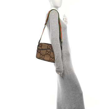 GUCCI Monogram Jumbo GG Textured Dollar Calfskin Web Messenger Shoulder Bag Camel Ebony New Acero