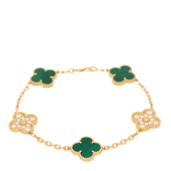 VAN CLEEF & ARPELS 18K Yellow Gold Diamond Malachite 5 Motifs Vintage Alhambra Bracelet