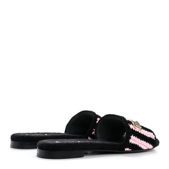 CHANEL Crochet Striped Enamel Camellia Mules Sandals 36.5