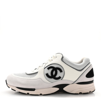 CHANEL Calfskin Fabric Womens CC Sneakers 40 White Silver Light Grey