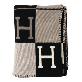 HERMES Wool Cashmere Avalon Blanket Ecru Gris Fonce
