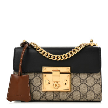 GUCCI GG Supreme Monogram Calfskin Small Padlock Shoulder Bag Beige Black Cuir