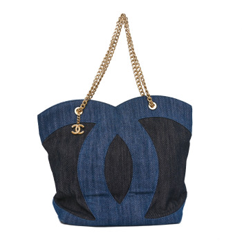 CHANEL Denim Large Two Tone CC Shopping Blue