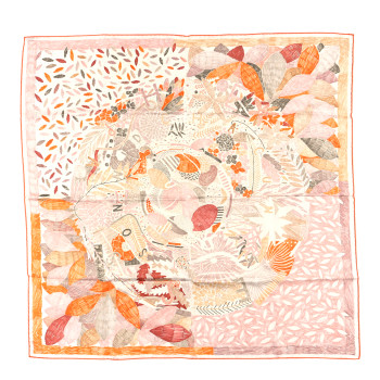 HERMES Silk Chacun Fait Son Nid Scarf 90 White Orange
