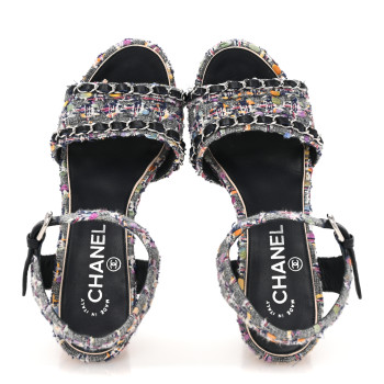 CHANEL Tweed Cork Wedge Sandals 37 Navy Multicolor