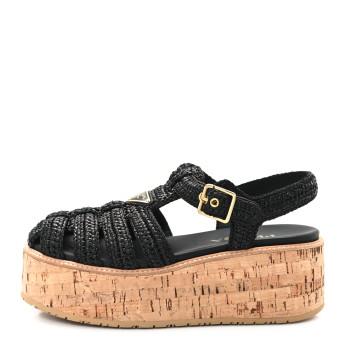 PRADA Raffia Cork Metal Triangle Logo Crochet Fisherman Platform 75mm Sandals 39 Black