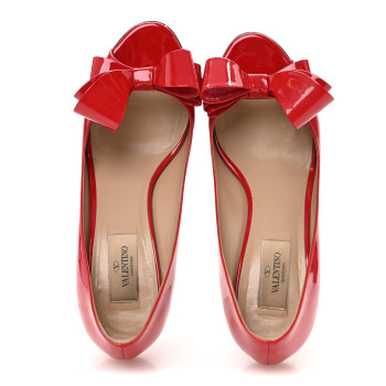 VALENTINO GARAVANI Patent Couture Bow Peep Toe Low Heel Pumps 39 Rosso Valentino
