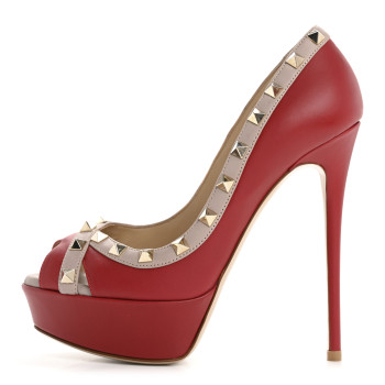 VALENTINO GARAVANI Nappa Rockstud Peep Toe Platform Pumps 36 Poudre Rosso
