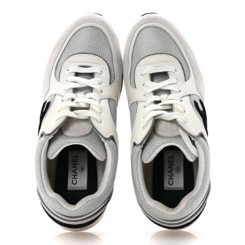 CHANEL Calfskin Fabric Womens CC Sneakers 40 White Silver Light Grey