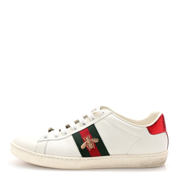 GUCCI Calfskin Ayers Bee Embroidered Womens Ace Sneakers 37.5 White Green
