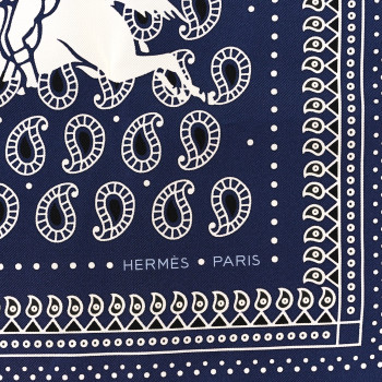 HERMES Silk Ecuries Parisiennes Bandana Scarf 55 Marine Black White