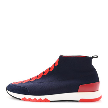 HERMES Knit Calfskin Velvet Womens Volo Sneakers 38 Bleu Diplomatique