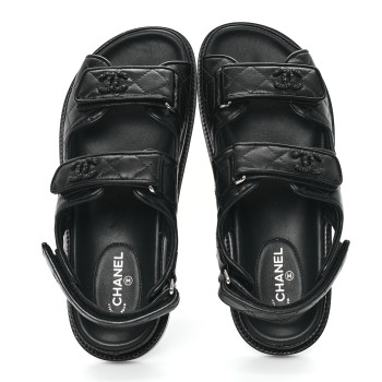 CHANEL Lambskin Quilted Velcro Dad Sandals 37.5 So Black