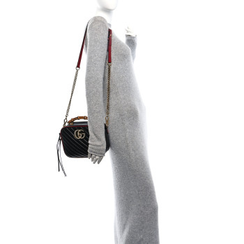 GUCCI Vintage Effect Calfskin Matelasse Diagonal Small Torchon GG Marmont Bamboo Top Handle Shoulder Bag Black Romantic Cherry