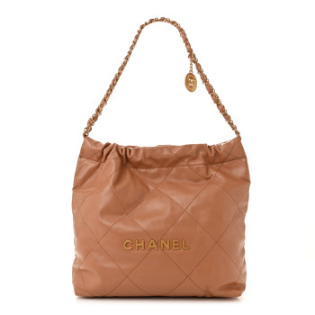 CHANEL Shiny Calfskin Quilted Small Chanel 22 Camel