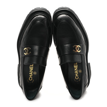 CHANEL Calfskin Quilted CC Mocassin Loafers 36.5 Black