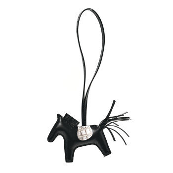 HERMES Milo Lambskin Matte Niloticus Crocodile Himalaya Touch Grigri Rodeo Horse Bag Charm PM Black White