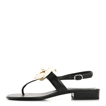 CHANEL Lambskin Camellia Thong Sandals 38 Black White