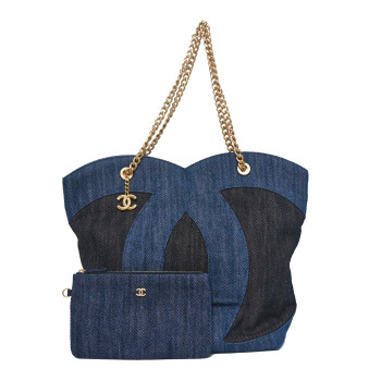 CHANEL Denim Large Two Tone CC Shopping Blue