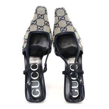 GUCCI GG Monogram Malaga Kid Crystal Square G 75mm Slingback Pumps 38 Beige Blue