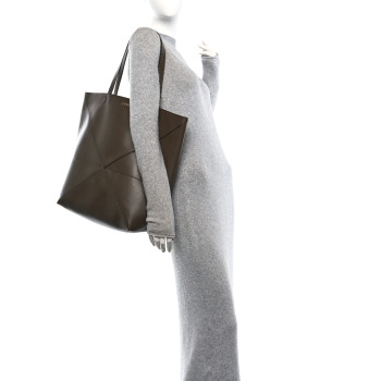 LOEWE Shiny Calfskin Large Puzzle Fold Tote Khaki Green