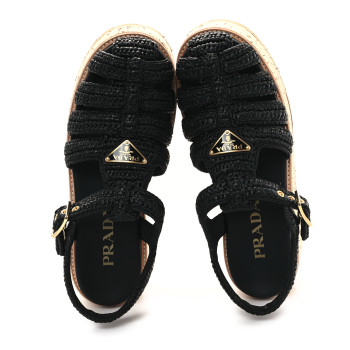 PRADA Raffia Cork Metal Triangle Logo Crochet Fisherman Platform 75mm Sandals 39 Black