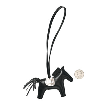 HERMES Milo Lambskin Matte Niloticus Crocodile Himalaya Touch Grigri Rodeo Horse Bag Charm PM Black White