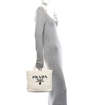 PRADA Yarn Raffia Effect Crochet Embroidered Small Logo Tote White
