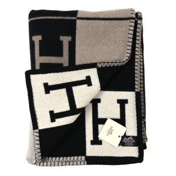HERMES Wool Cashmere Avalon Blanket Ecru Gris Fonce