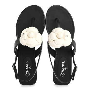 CHANEL Lambskin Camellia Thong Sandals 38 Black White