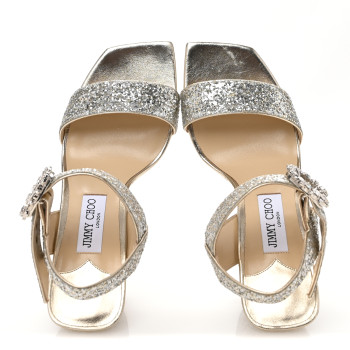 JIMMY CHOO Coarse Glitter Fabric Maysa 85 Sandals 38.5 Platinum