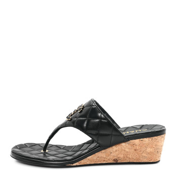 CHANEL Shiny Goatskin Cork CC Wedge Sandals 39 Black
