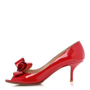 VALENTINO GARAVANI Patent Couture Bow Peep Toe Low Heel Pumps 39 Rosso Valentino
