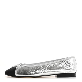 CHANEL Laminated Crumpled Lambskin Grosgrain Cap Toe CC Ballerina Flats 39.5 Silver Black