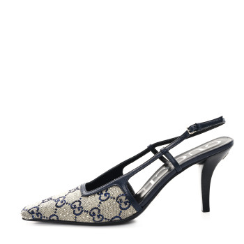 GUCCI GG Monogram Malaga Kid Crystal Square G 75mm Slingback Pumps 38 Beige Blue